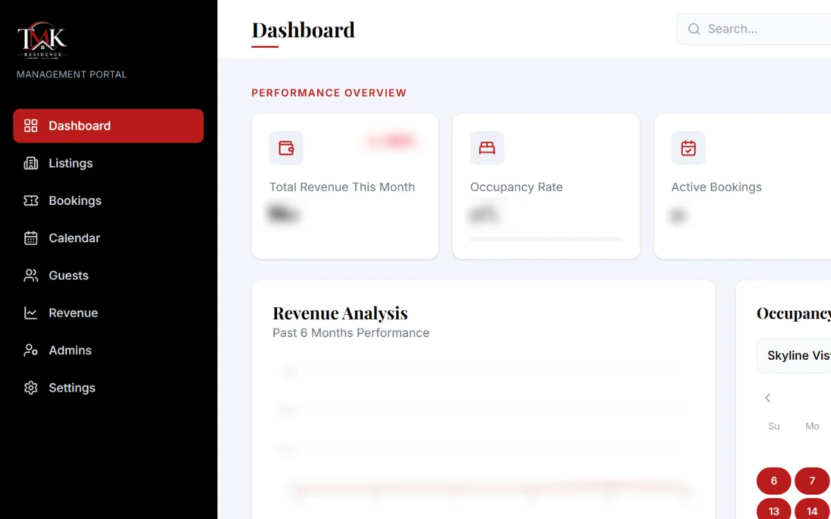 TMK Residence management portal dashboard